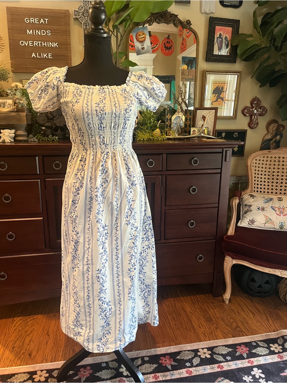H&M White Maxi Dress with Blue Floral Stripe